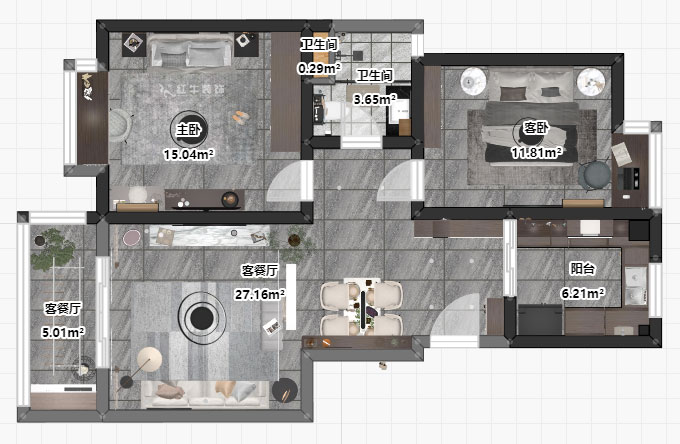 吴波｜亚东国际13-105-90㎡-现代风格｜2室2厅2卫｜旧房装修｜定制家￥114404｜全包12万｜00_03平面彩图